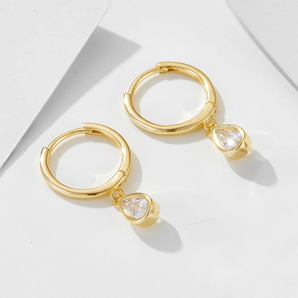 S925 Sterling Silver Drop-Shaped Zircon Earrings C-Shaped Ear Buckles Retro Classic Earrings