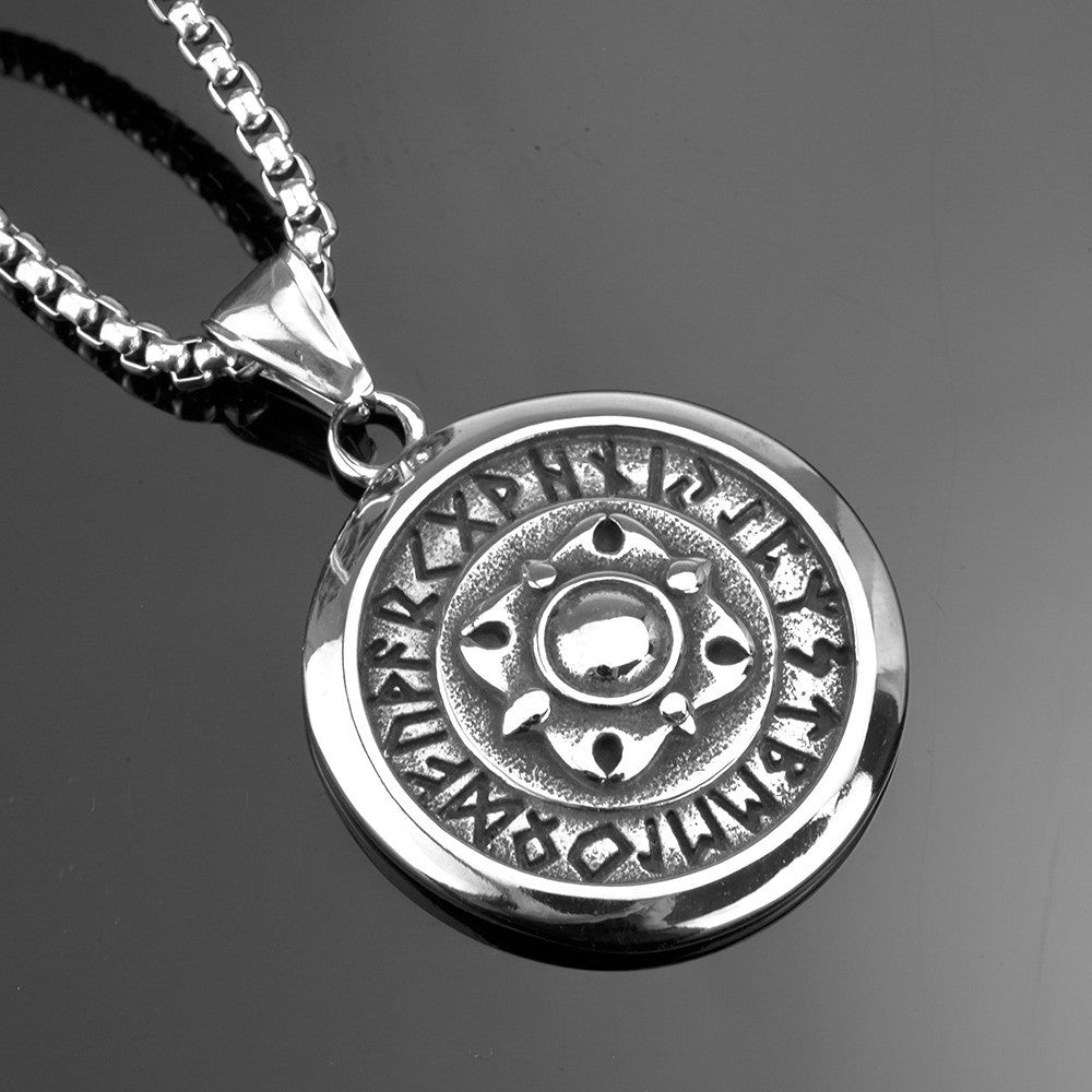 Planderful Viking Rune Pendant Necklace For Men Stainless Steel Black Polished Retro Shield Design Norse Legacy