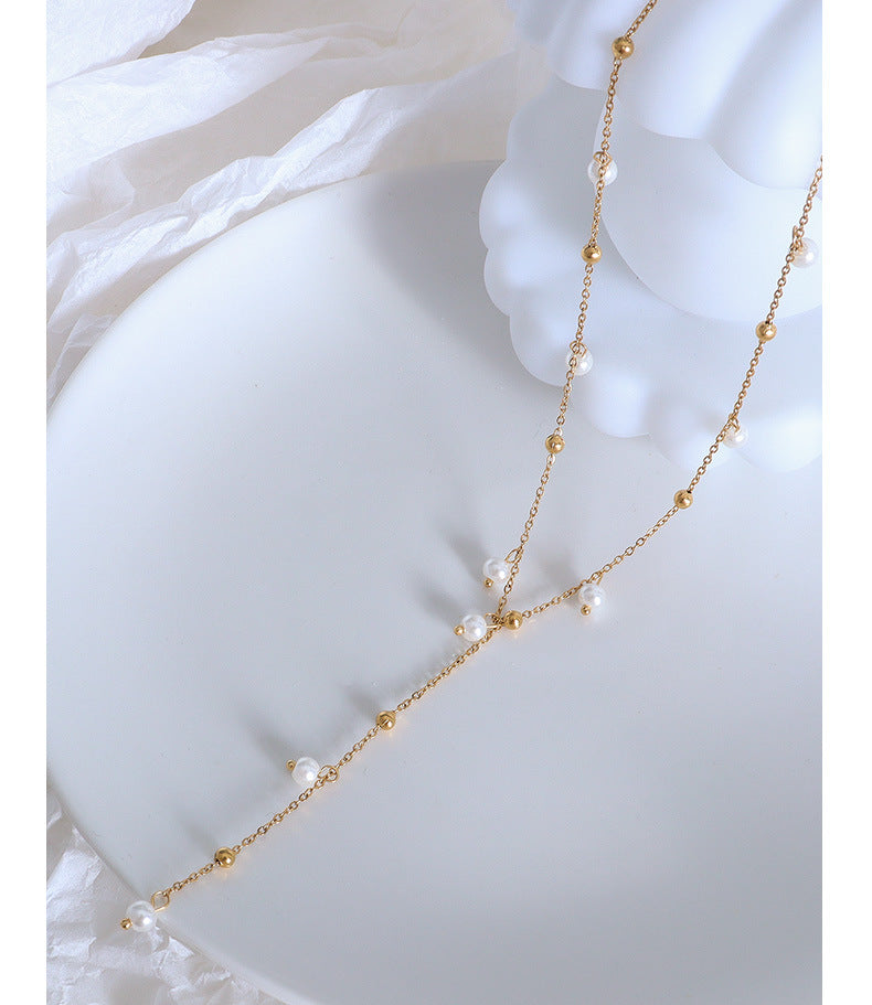 Imitation Baroque Pearl Tassel Necklace with Gold Plated Y-Shaped Chain