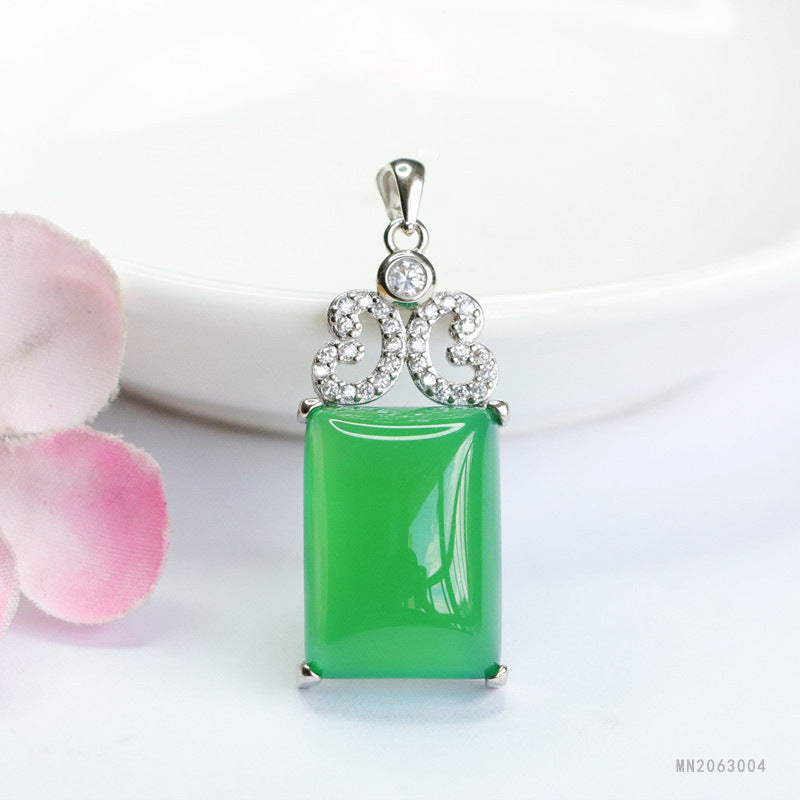 Green Chalcedony Peace Plaque Silver Pendant — No Chain