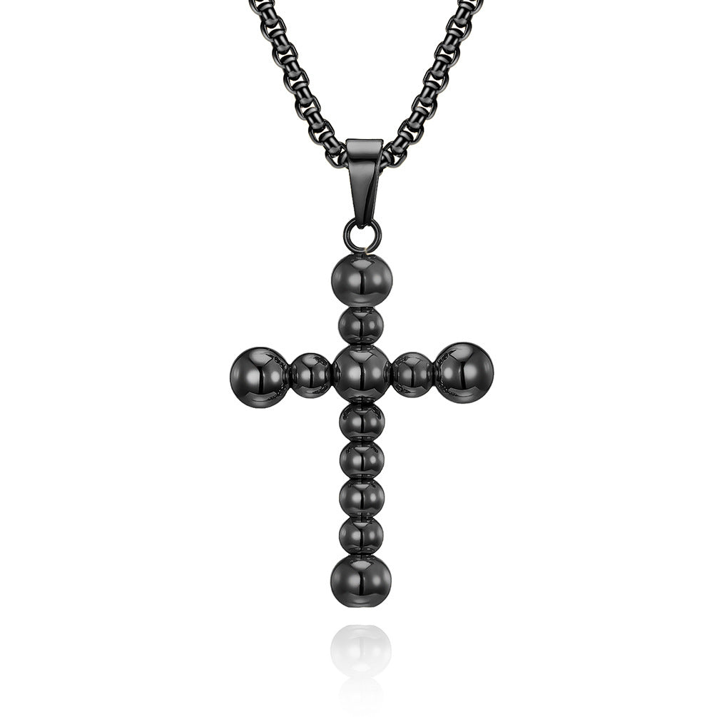 Planderful Titanium Steel Beaded Cross Necklace Unisex Trendy Cold Style Jewelry