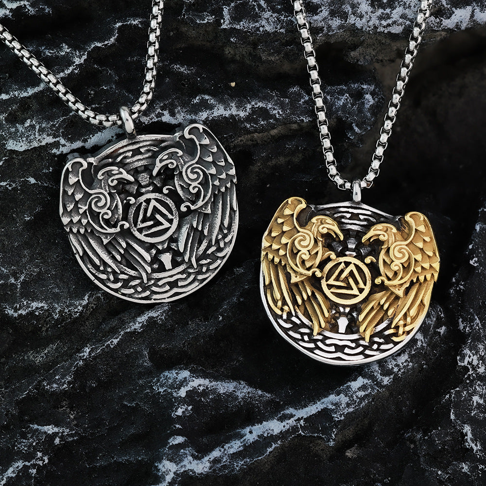 Planderful Nordic Viking Pendant For Men Solid Stainless Steel Double Sided Raven Triangle Necklace