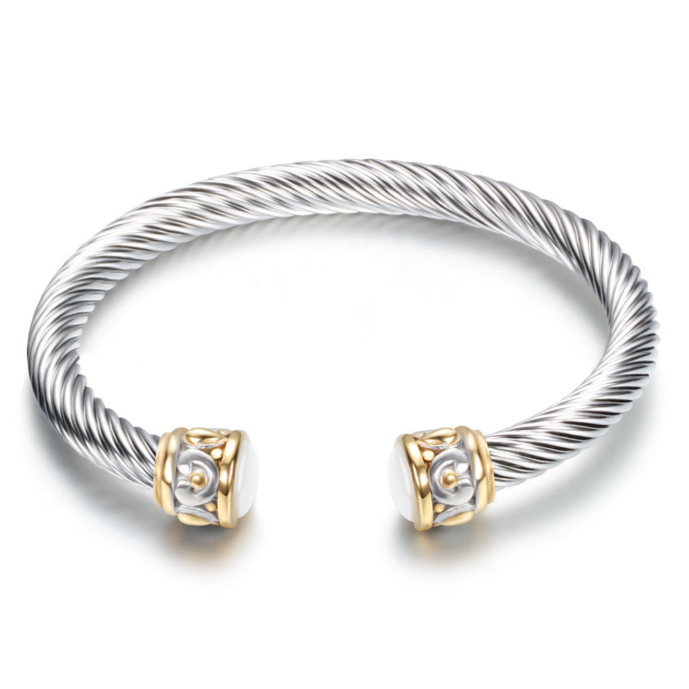 Planderful Everyday Genie Unisex Timeless Two Tone Stainless Steel Bracelet With Twisted Wire Zircon Inlays