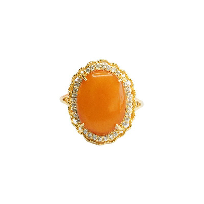 Oval Sterling Silver Ring with Beeswax Amber Zircon Floral Halo