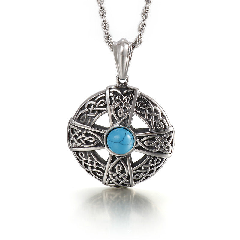 Turquoise Cross Flower Titanium Steel Men's Pendant - Vintage Style Accessory