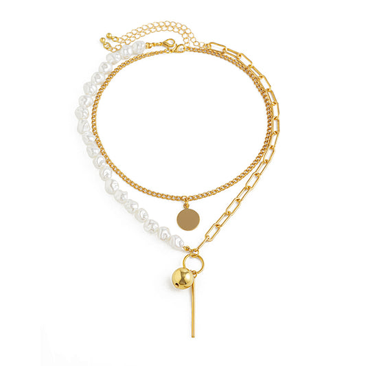 Geometric Pearl-Style Layered Pendant Necklace