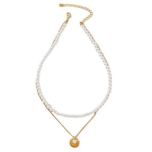 French Elegance Shell Pearl Pendant Necklace for Women with Double Layers