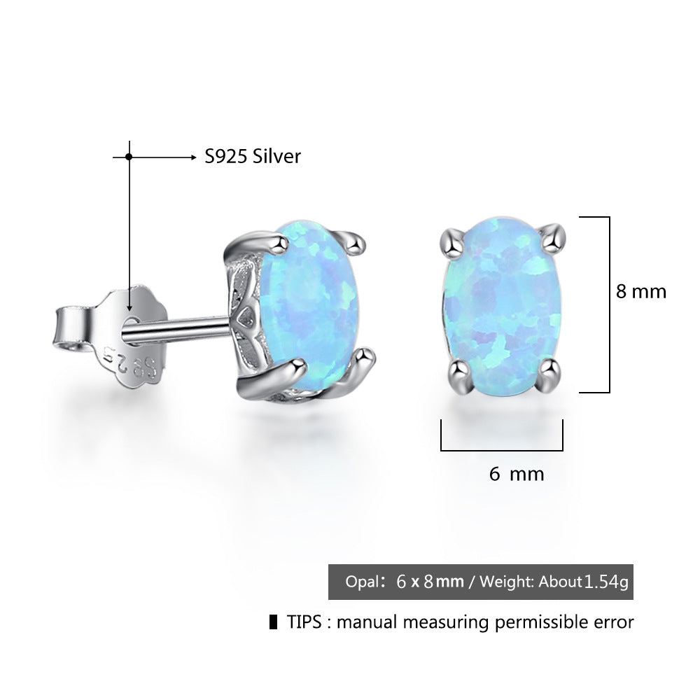 Planderful Jewelry S925 Silver Opal Stud Earrings Four Claw Oval Blue Opal Elegant Everyday Genie