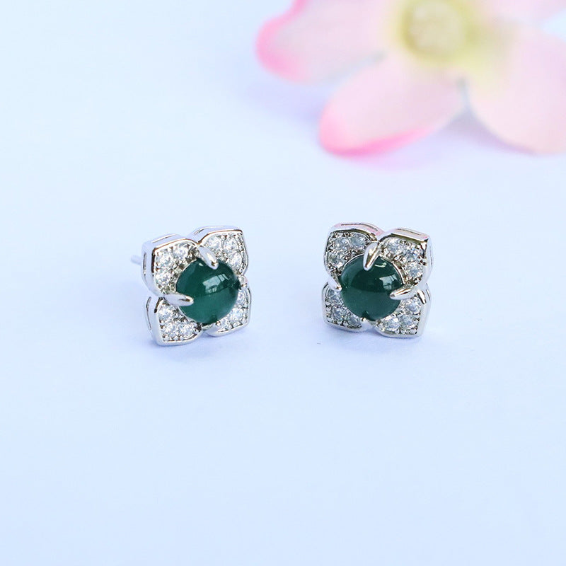 Blue-Water Jadeite Four-Petal Stud Earrings