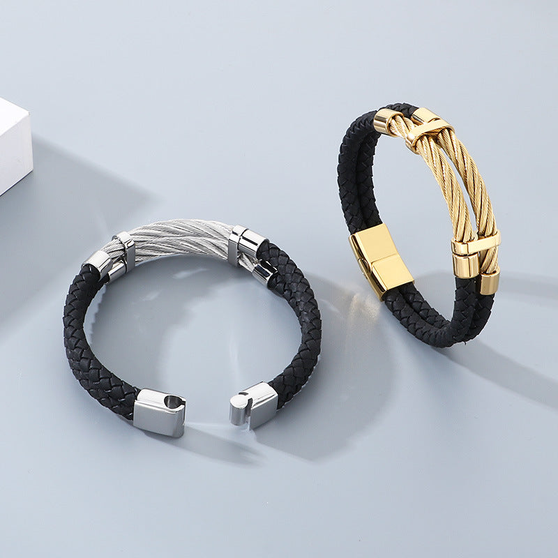 Business Style Black Double Leather Rope Leather Bracelet Layered Stainless Steel