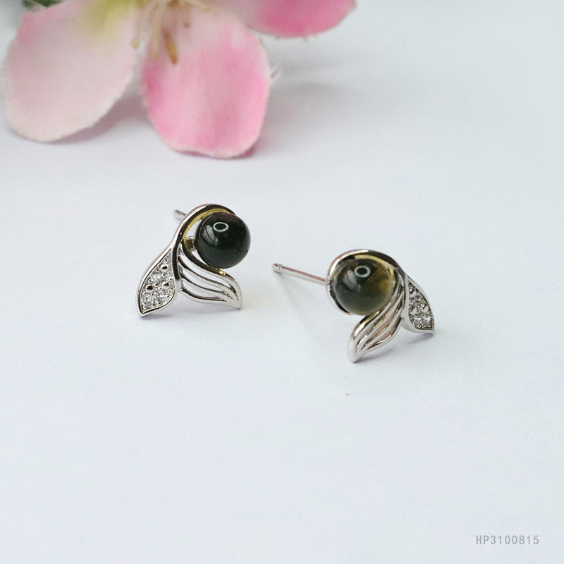 Blue Amber Dolphin 925 Silver Stud Earrings