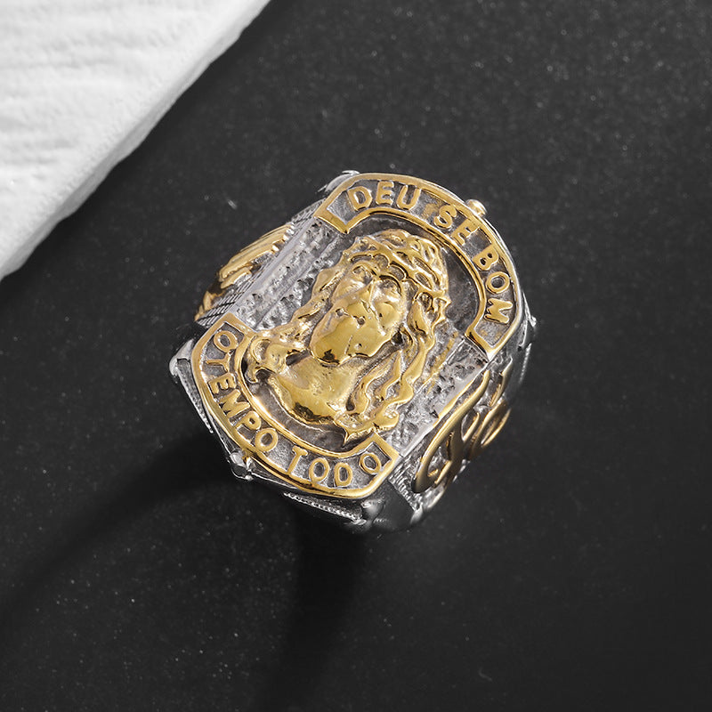 Planderful Everyday Genie Jesus Ring Gold Plated Titanium Steel For Men Hip Hop Inspired Religious Jewelry