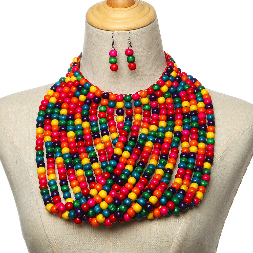 Exaggerated Wood Bead Tassel Necklace Set with Multi-layer Styling