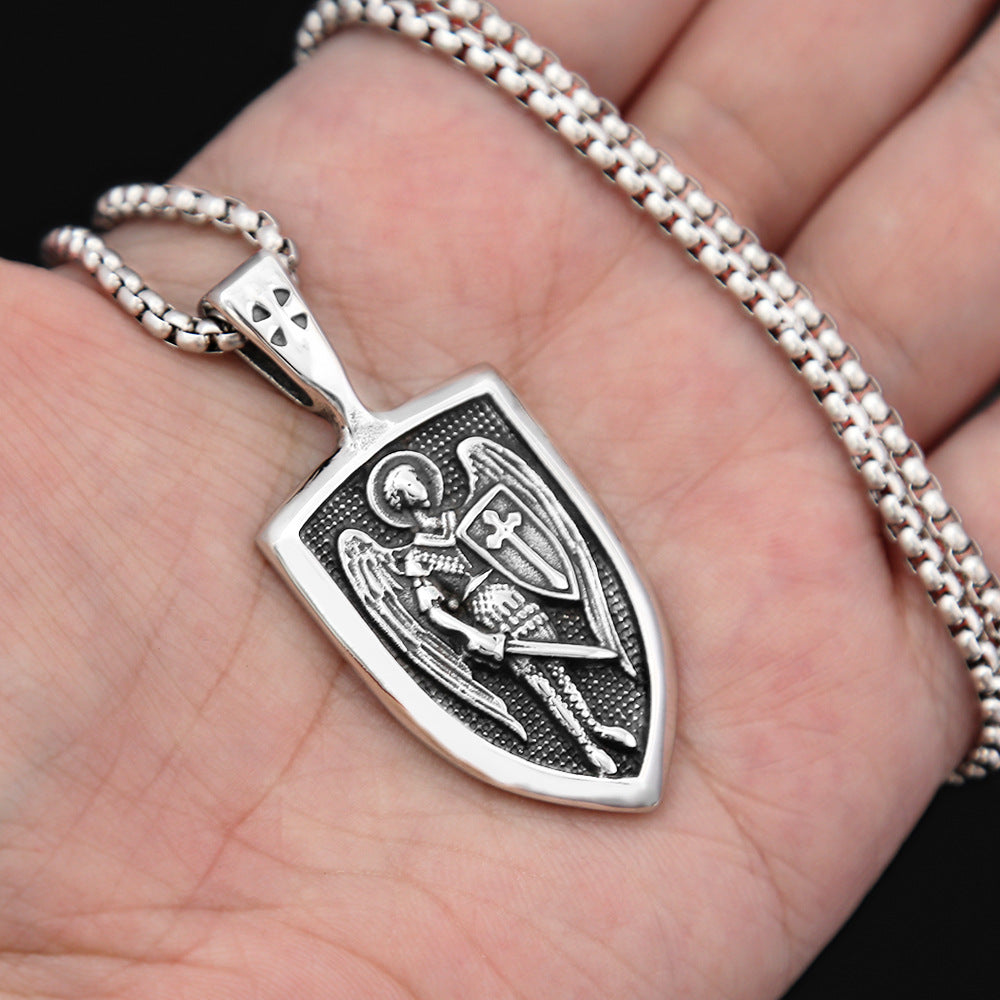 Retro Angel Cross Shield Pendant Necklace for Men