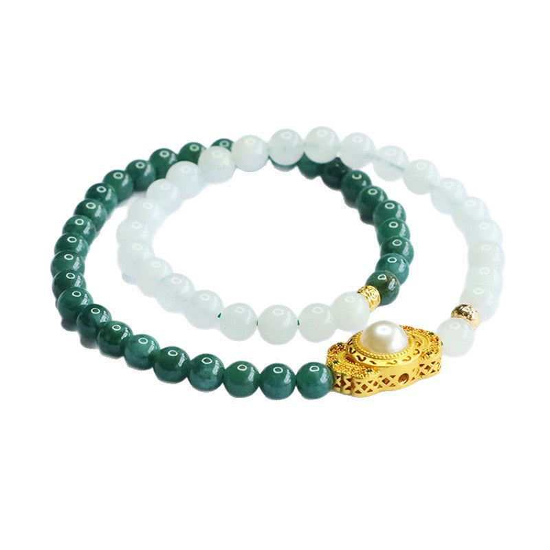 Blue Water Jadeite Golden Silk Jade & Double-Wrap Beaded Bracelet