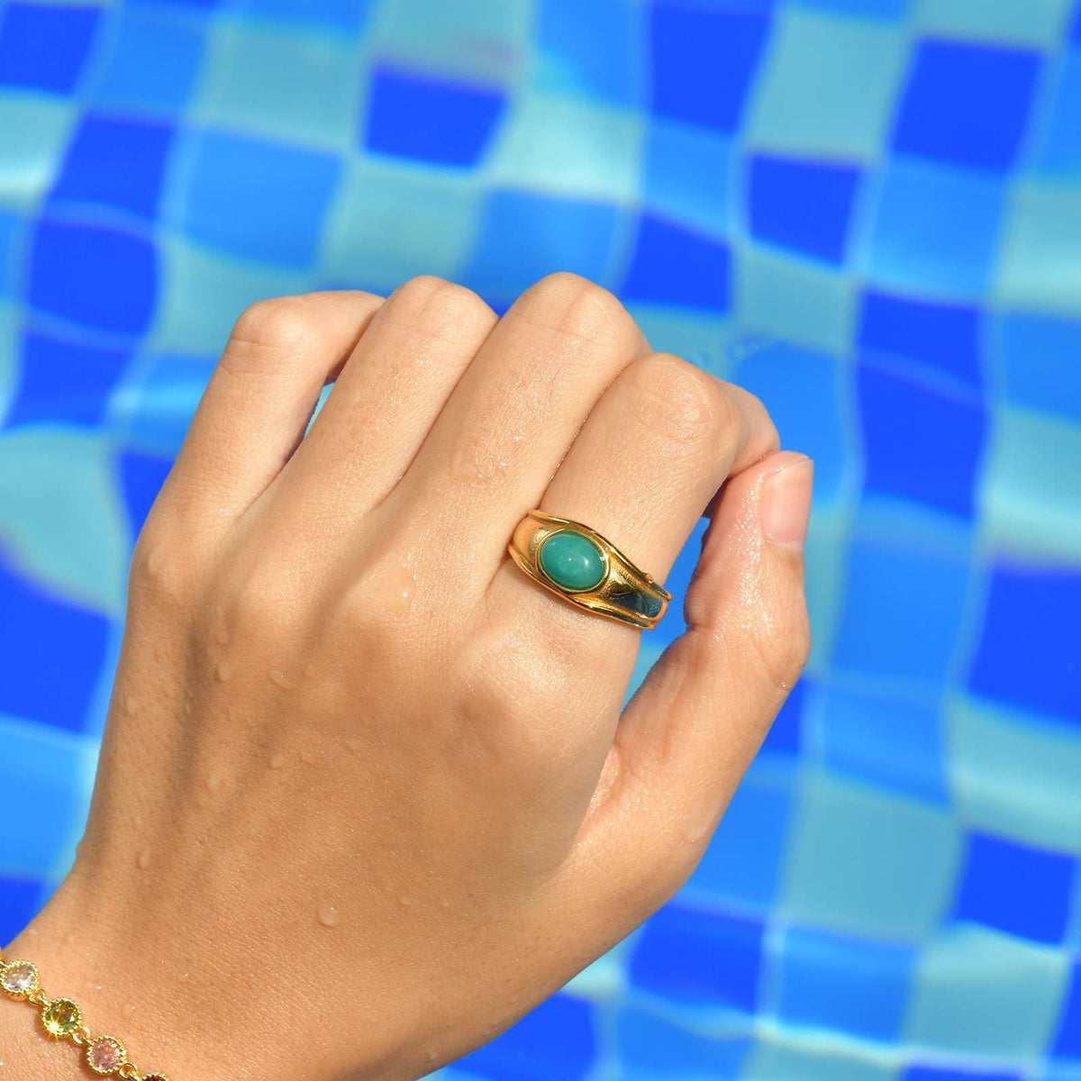 Stainless Steel Oval Egg Surface Tianhe Stone Ring Gold