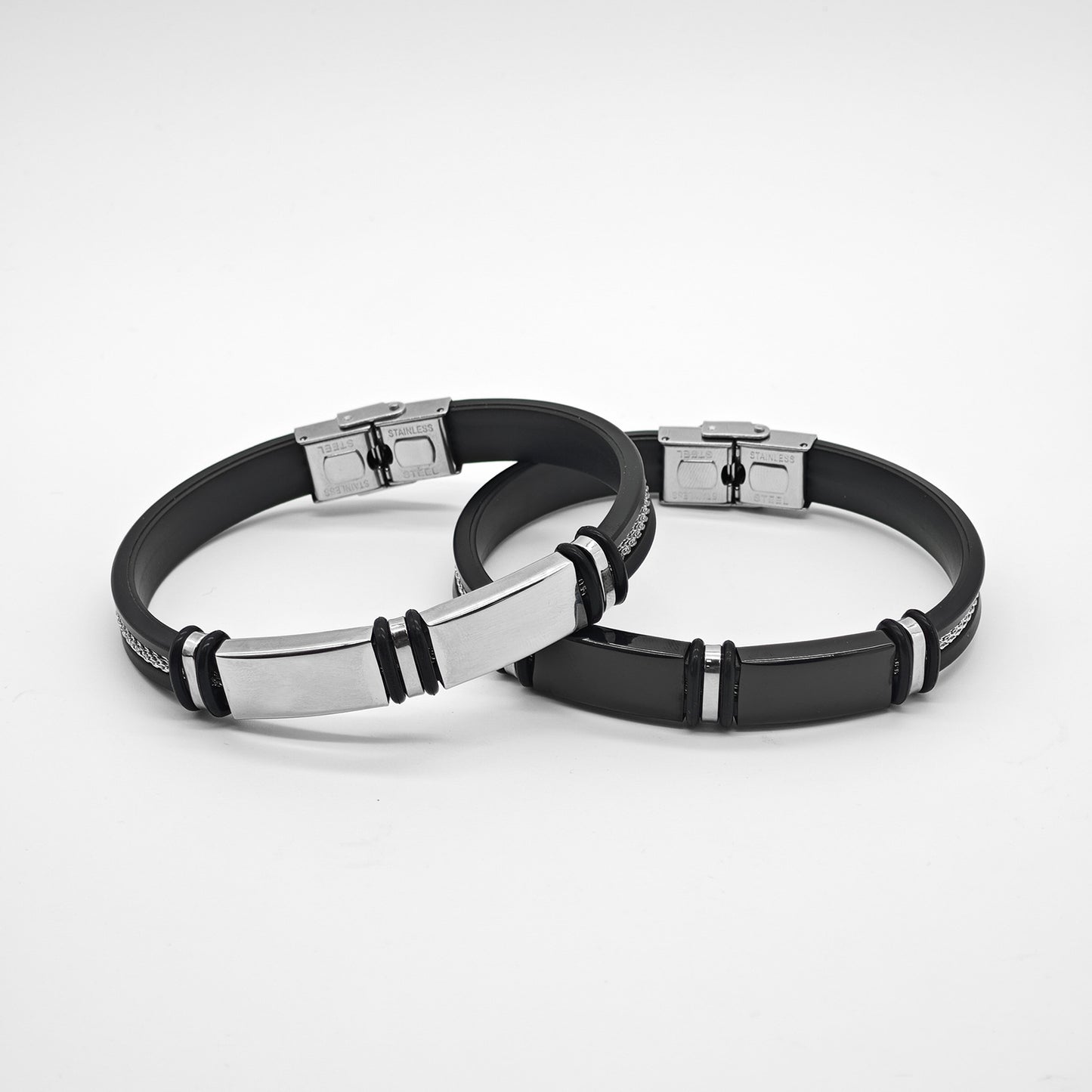 Stainless Steel Leather Rope Bracelet Two Tone Black Silver Men Unisex Protection Statement Planderful Everyday Genie