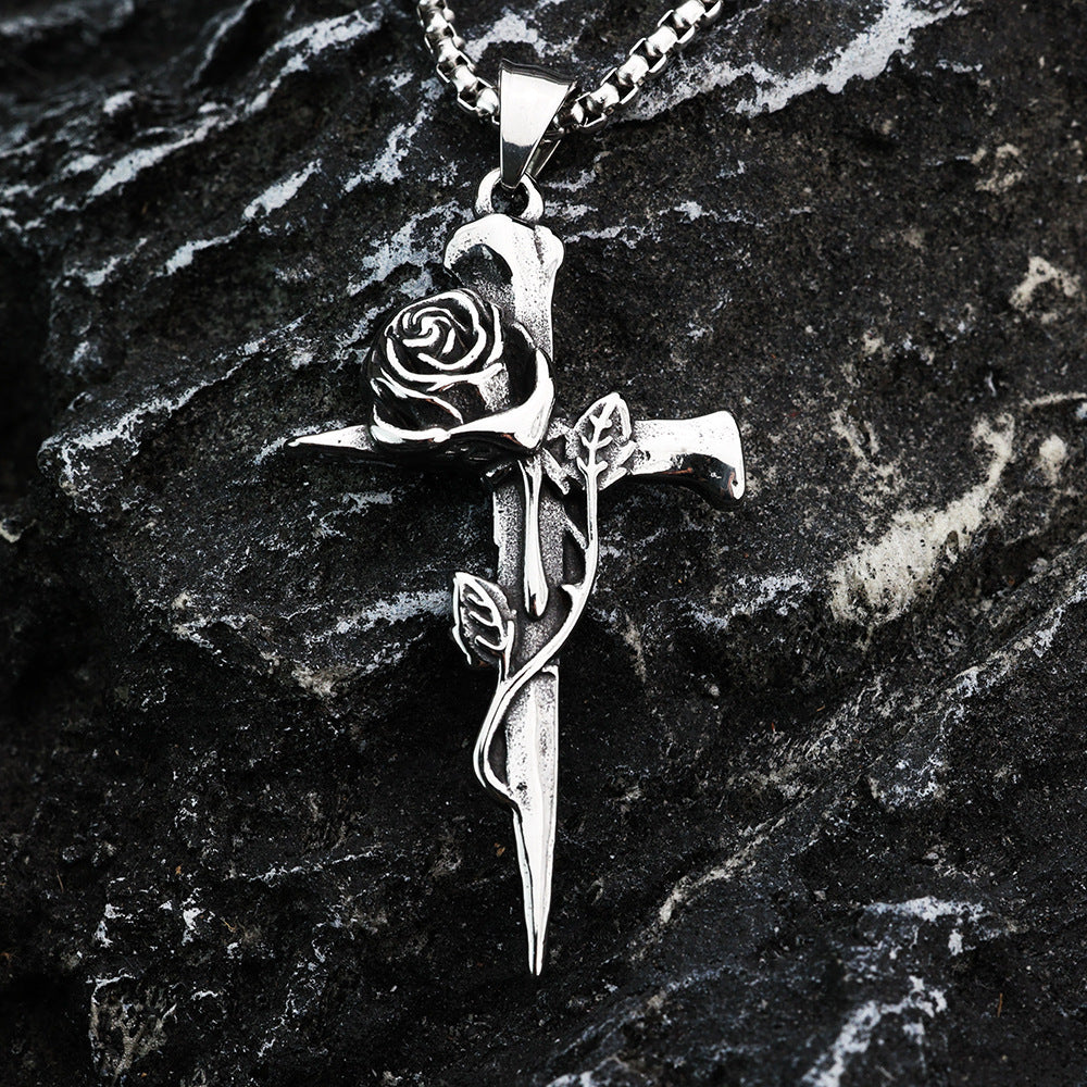 Planderful Rose Cross Pendant Stainless Steel Retro Design Unisex Gift For Men And Women