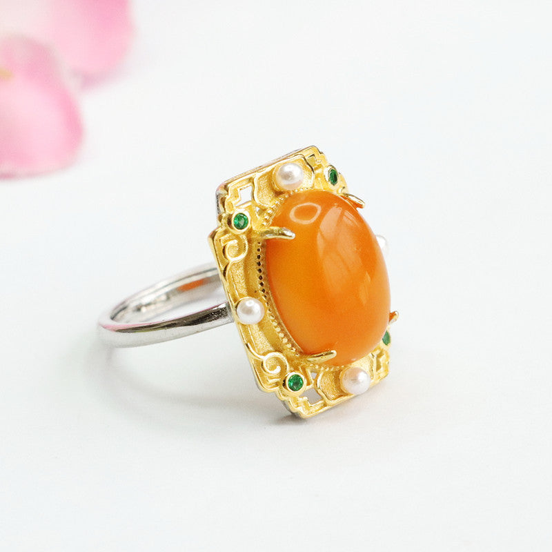 Golden Rectangle Adjustable Honey Wax Amber Ring