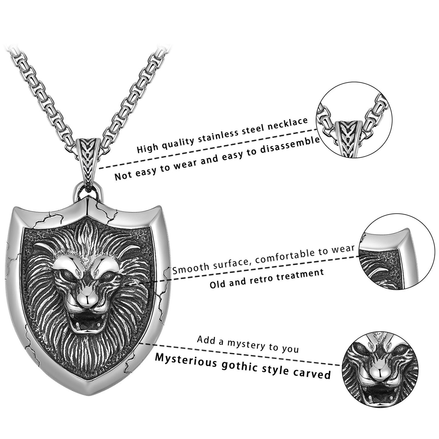 Steel Necklace - Vintage Unisex Lion Shield Pendant