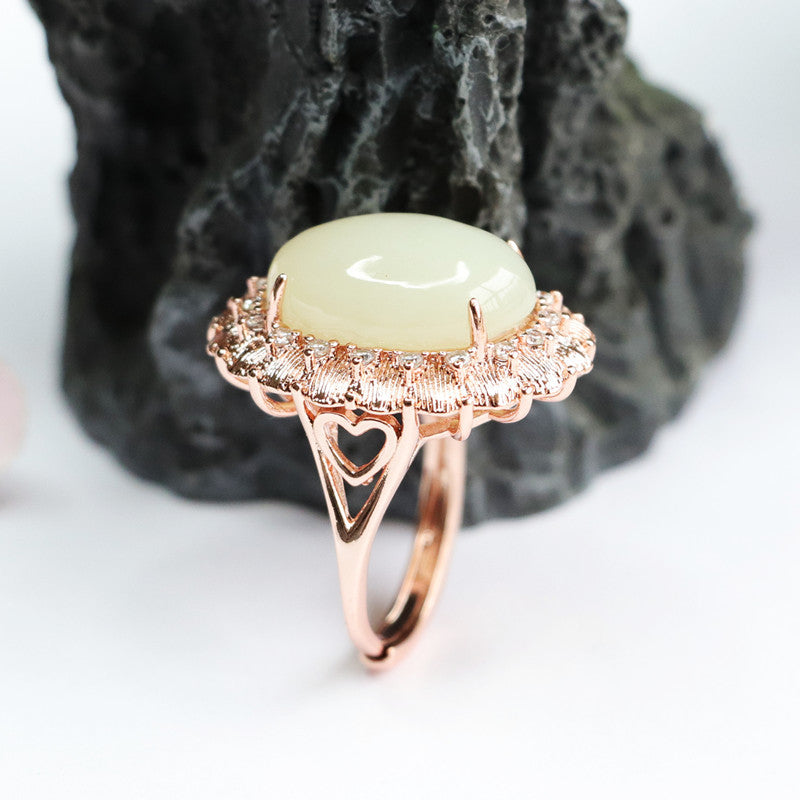 Zircon Rose Gold Ring with Natural Hotan Jade Edge and Petals