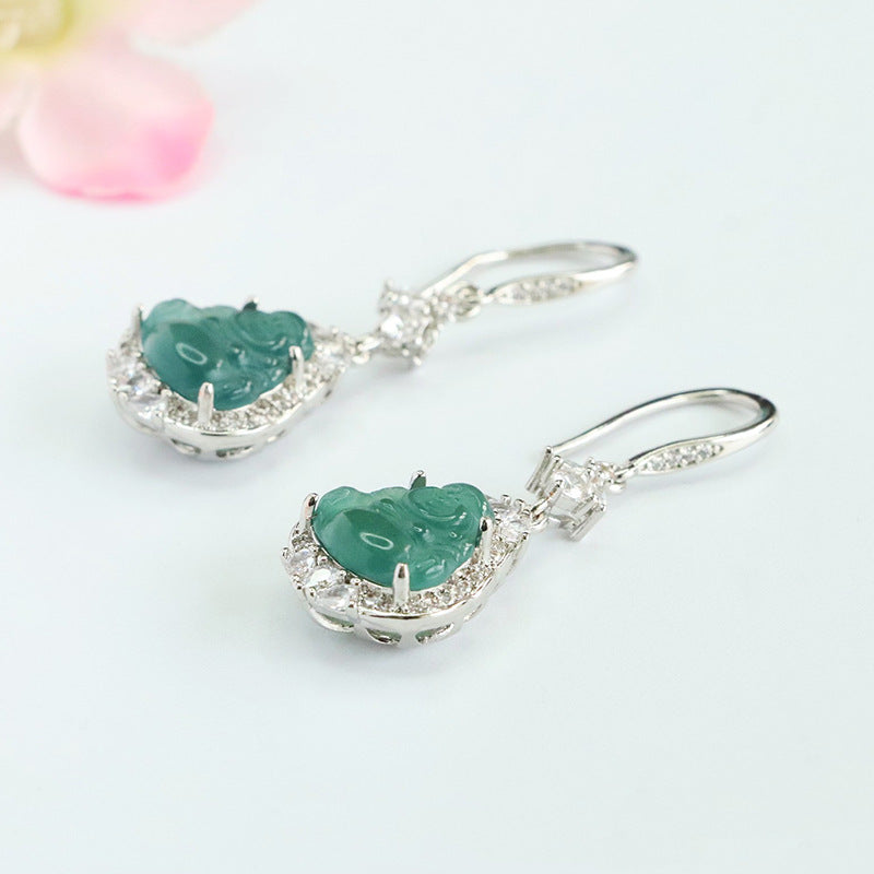 Blue-Water Jadeite Buddha Zircon Halo Earrings