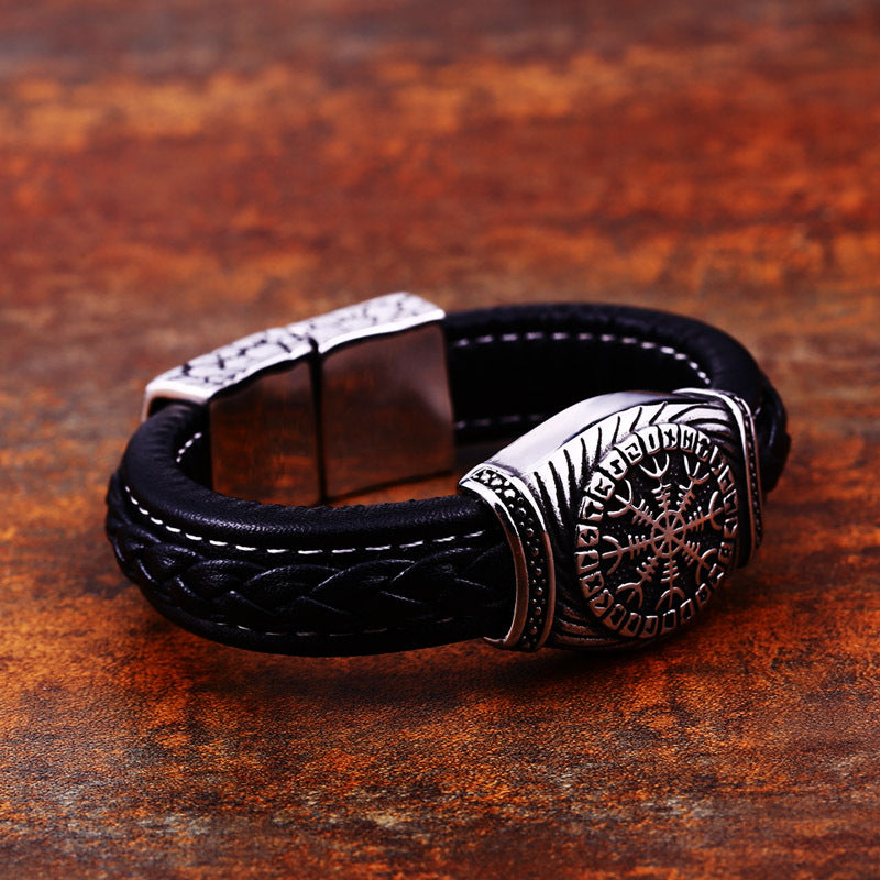 Viking-Inspired Stainless Steel and Leather Wide Bracelet for Men – Retro Engraved Jewelry