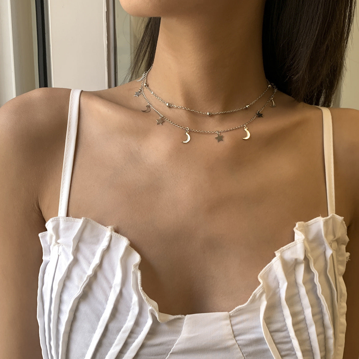 Planderful Vienna Verve Star Moon Fringed Necklace For Women Geometric Bead Collarbone Statement Jewelry