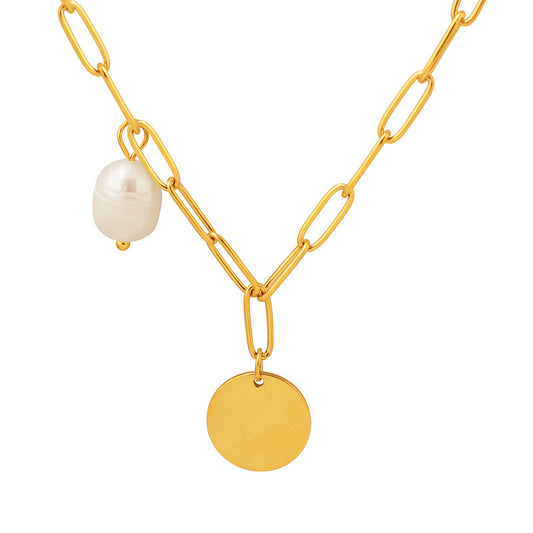 Elegant Geometric Baroque Pearl Necklace in Gold-Plated Titanium Steel