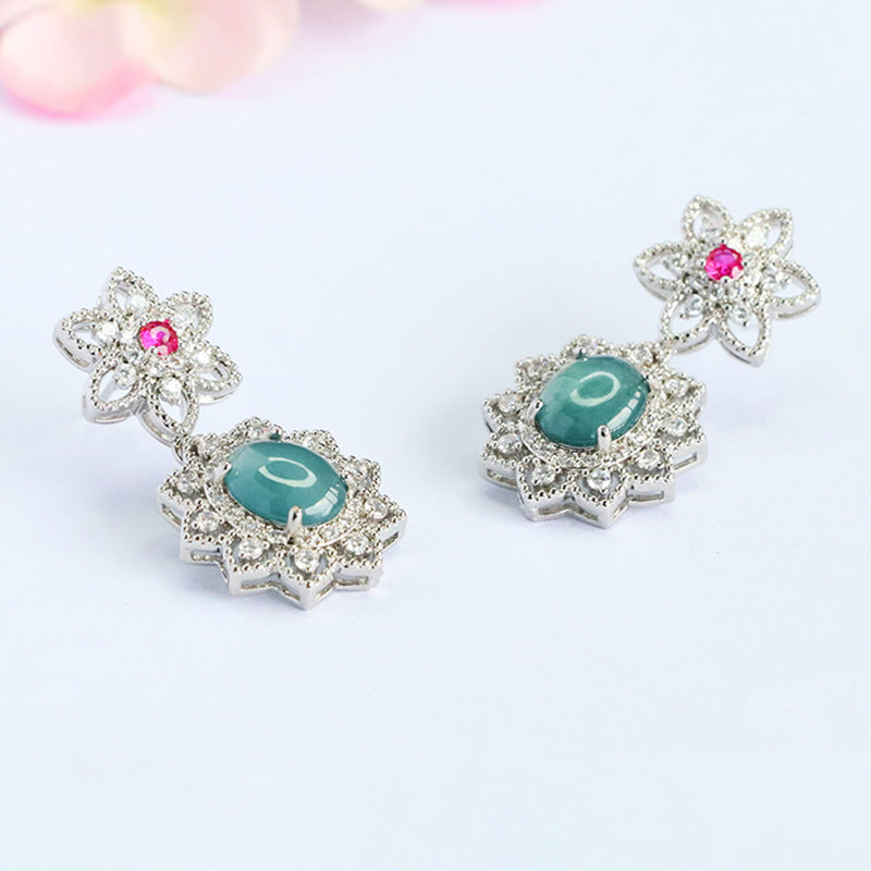 Blue-Water Jadeite Cherry Blossom Stud Earrings