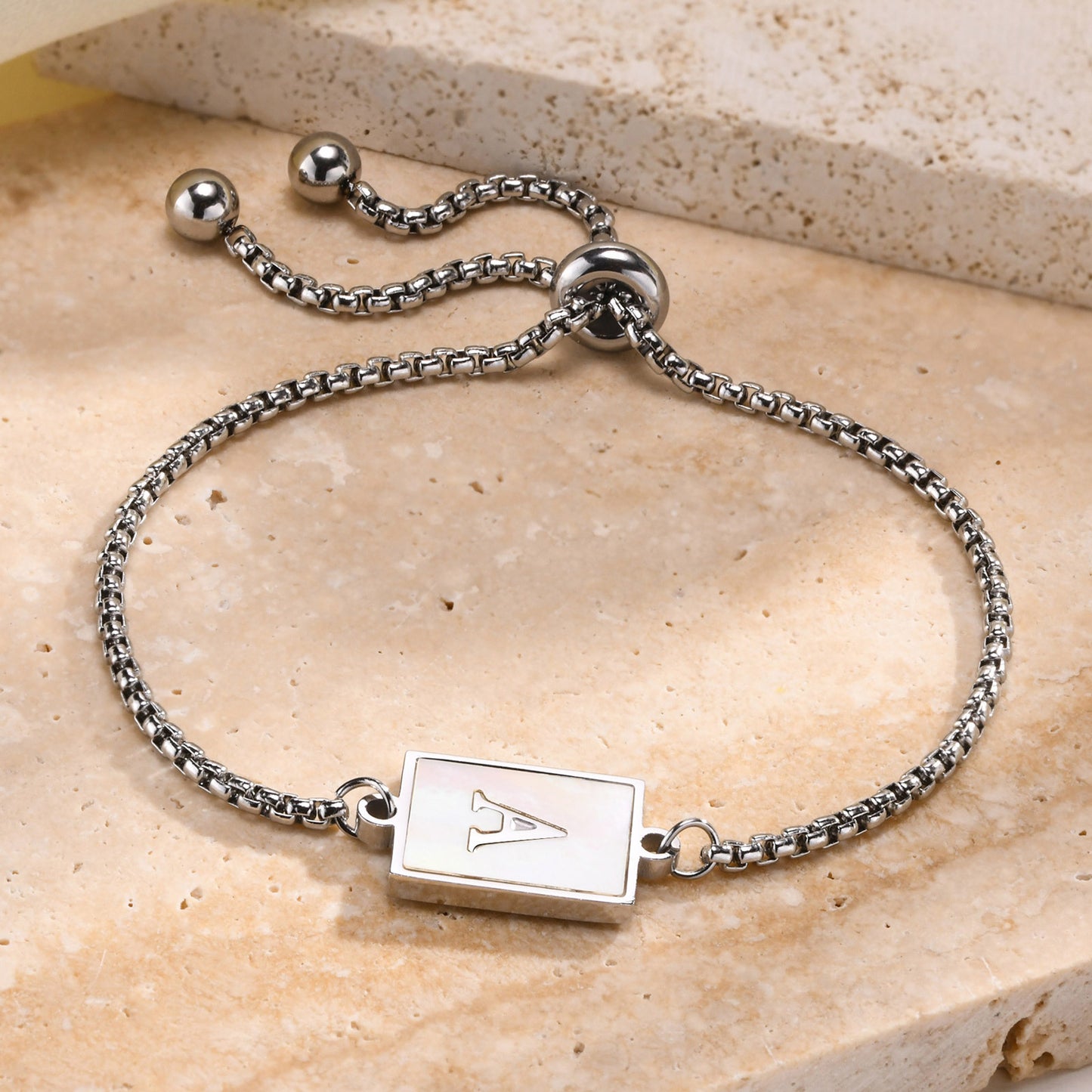 Stainless Steel Shell Letter Square Pearl Chain Ladies Bracelet