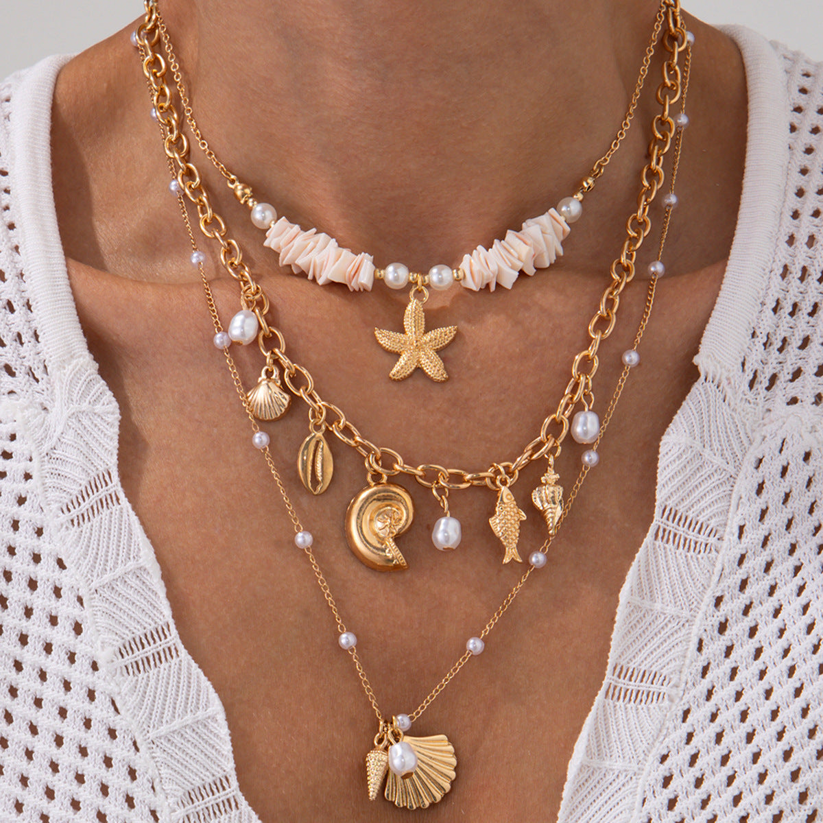 Planderful Vienna Verve Necklace – Elegant Multi-Layer Shell and Starfish Design