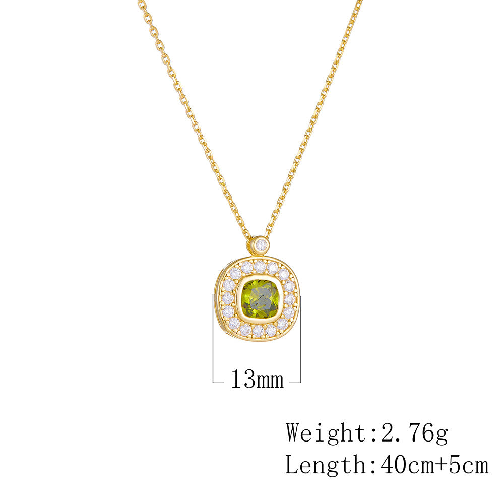 S925 Sterling Silver Square Zircon Pendant Necklace Olivine High Sense