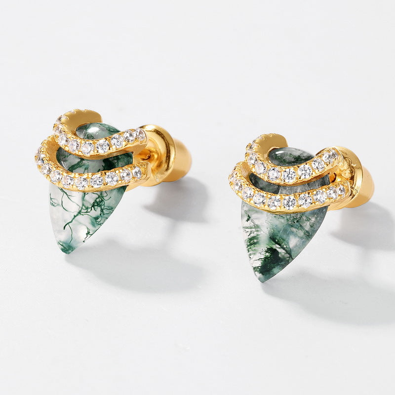 Planderful Everyday Genie Earrings – Natural Green Moss Water Drop Design in S925 Silver Plated Gold