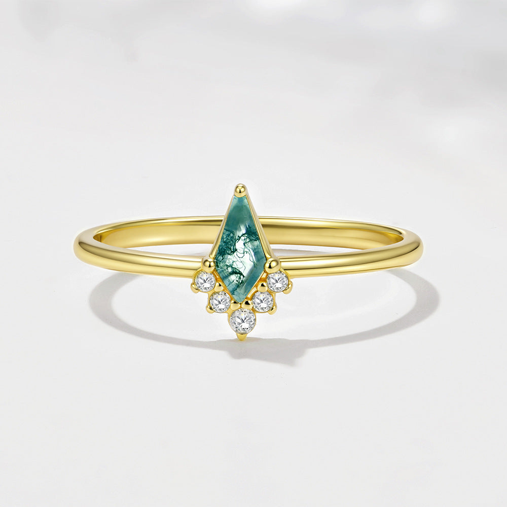 Natural Aquatic Plant Agate Ring S925 Pure Silver Geometric Green Moss Stone Zircon