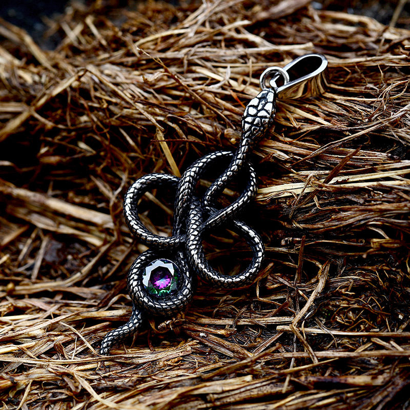 Titanium Steel Snake Pendant with Stone Inlay - Retro European and American Jewelry for Men