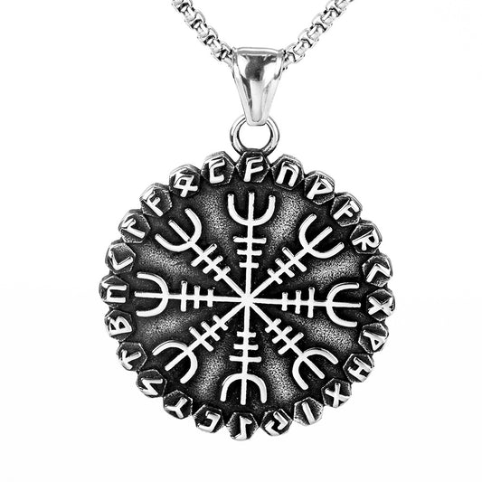 Nordic Retro Stainless Steel Men's Viking Compass Rune Necklace