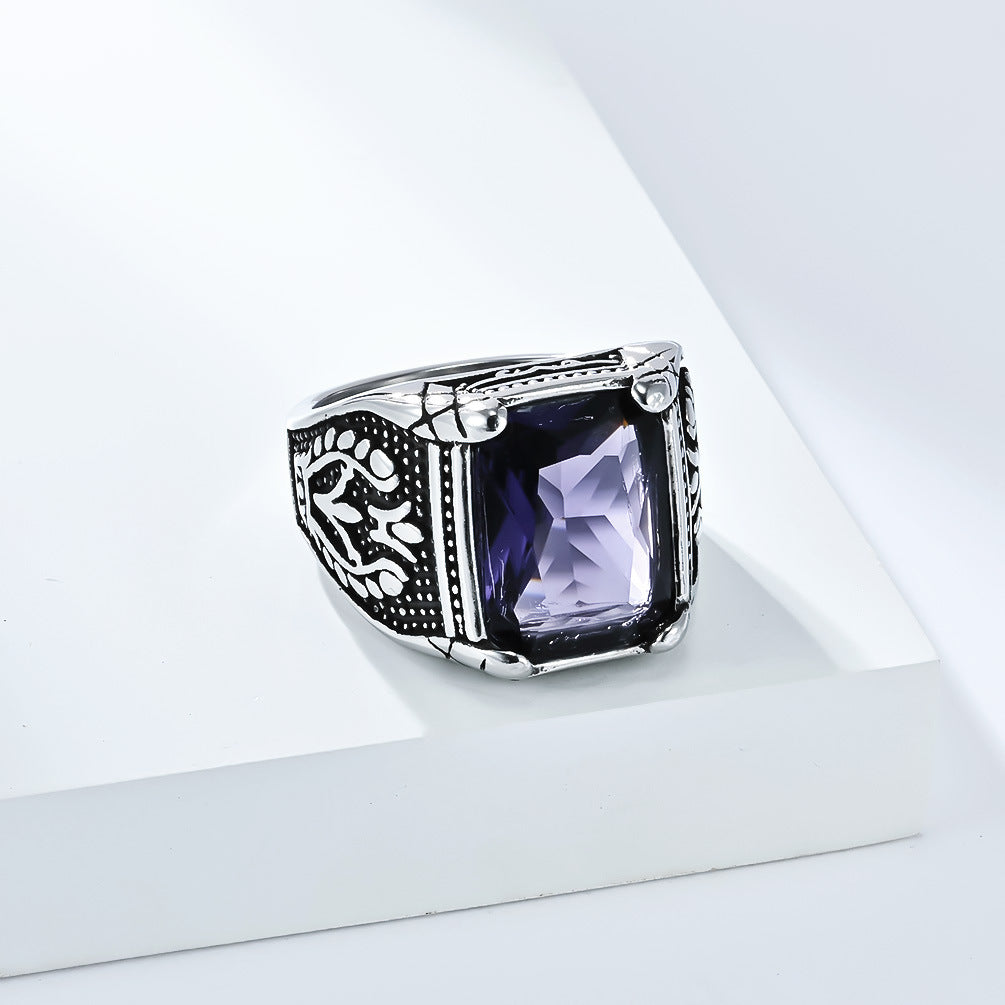 Planderful Everyday Genie Mens Stainless Steel Ring Bold Retro Tulip Inlaid Glass Gem For Men