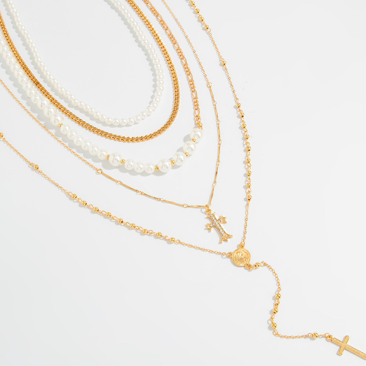 French Stacked Portrait Imitation Pearl Necklace Ethnic Exaggerated Cross Pendant