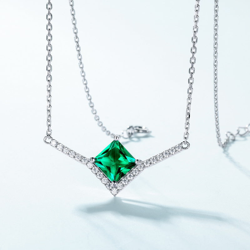 S925 Sterling Silver Lab-Grown Emerald Geometric Necklace
