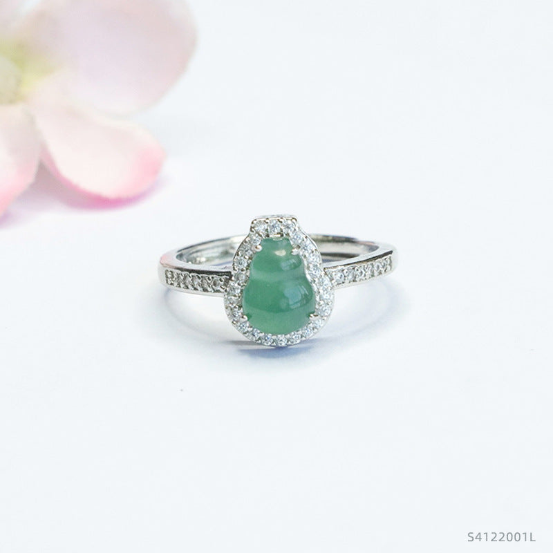 Blue Water Jadeite Gourd Pavé-Style Ring