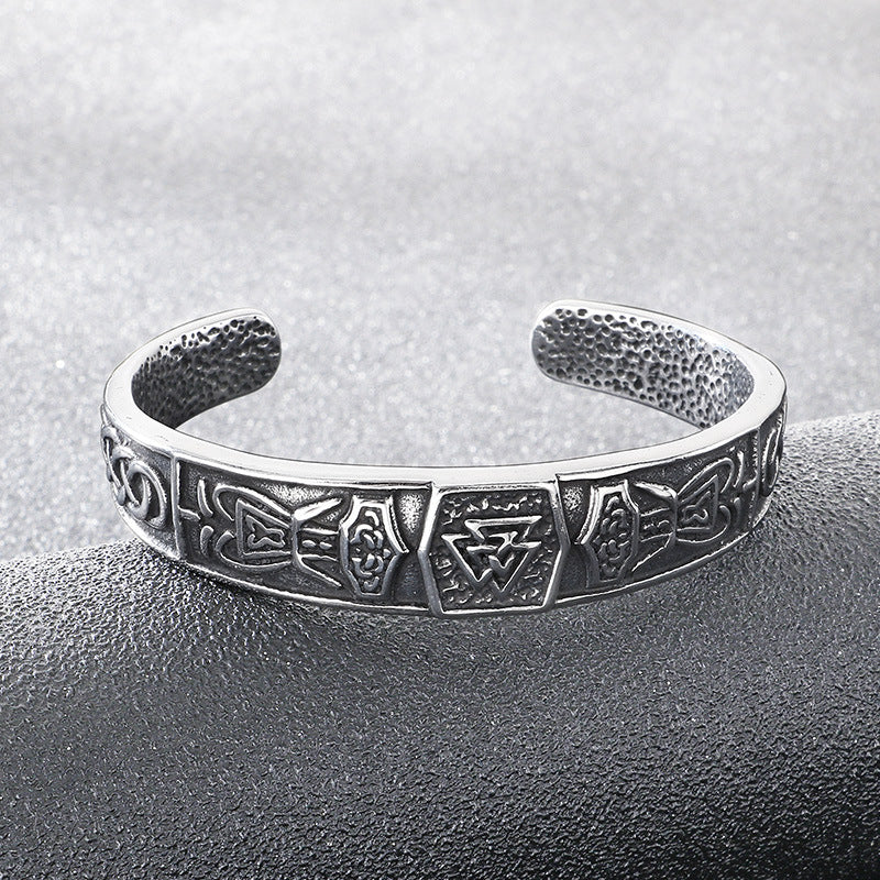 Rune – Nordic Viking Celtic Knot Double Wolf Head Titanium Steel Men's Opening Bracelet