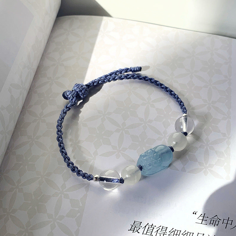 Blue Moonlight Crystal Sterling Silver Bracelet with Sea Blue Treasure Pixiu