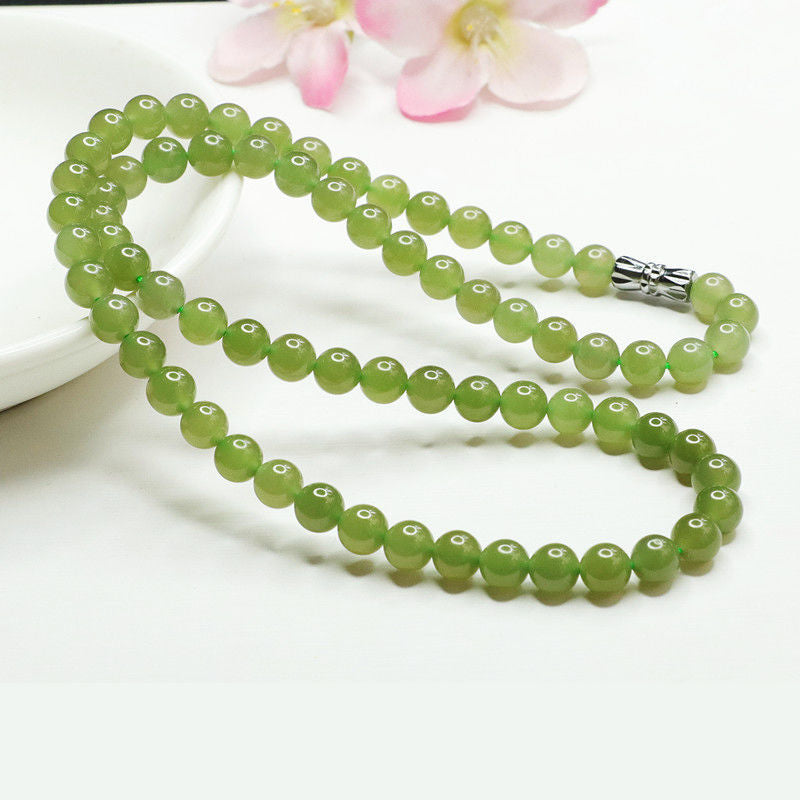 Natural Hotan Jade Light Green Jade Necklace Round Beads String Jade Jewelry