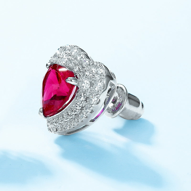S925 Sterling Silver Lab-Grown Ruby & Zircon Heart Stud Earrings