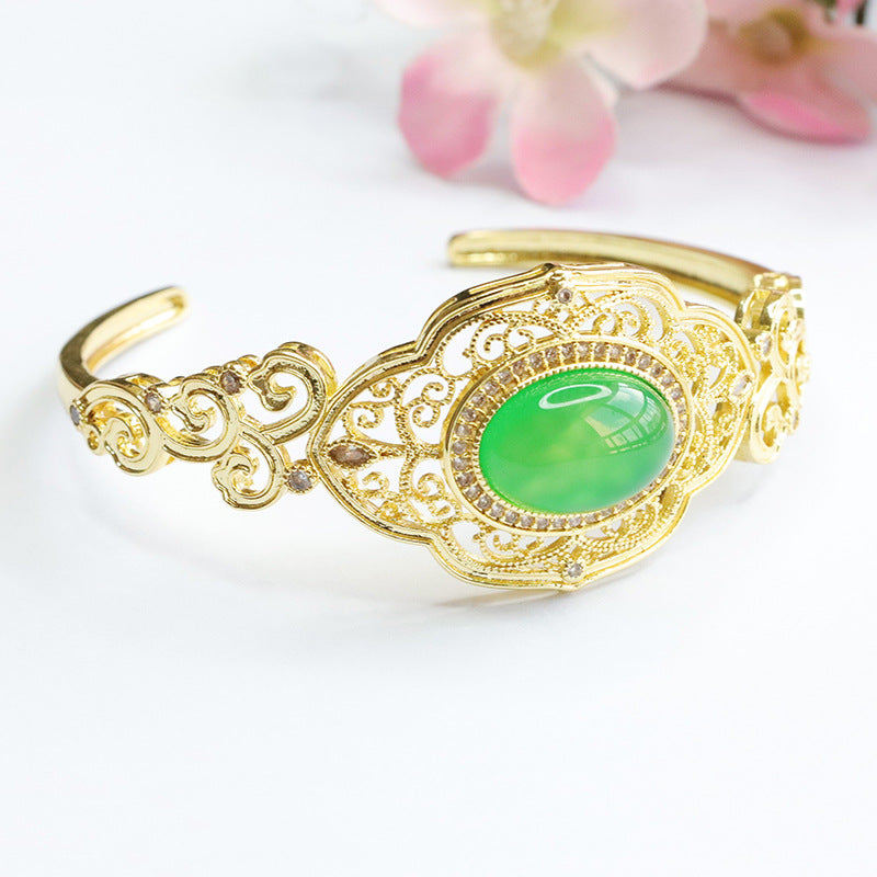 Green Chalcedony Sterling Silver Bracelet with Auspicious Cloud Design