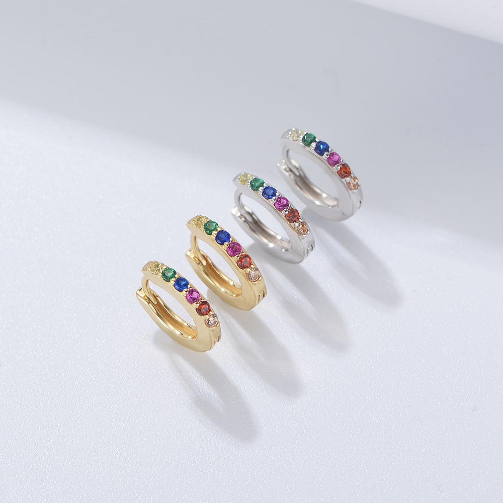 S925 Sterling Silver Round Micro-Inlaid Colored Zircon Ear Buckle Earrings