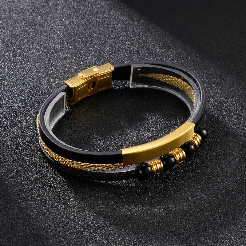 Planderful Mens Stainless Steel Leather Rope Bracelet Bold