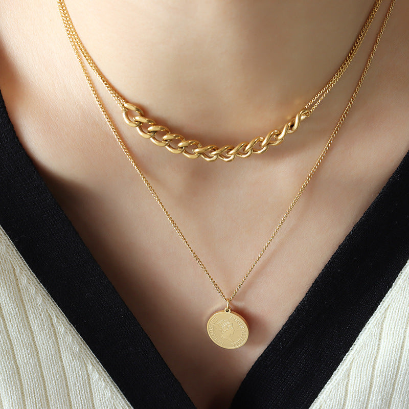 Royalty Portrait Double Pendant Necklace with Hip-hop Chain