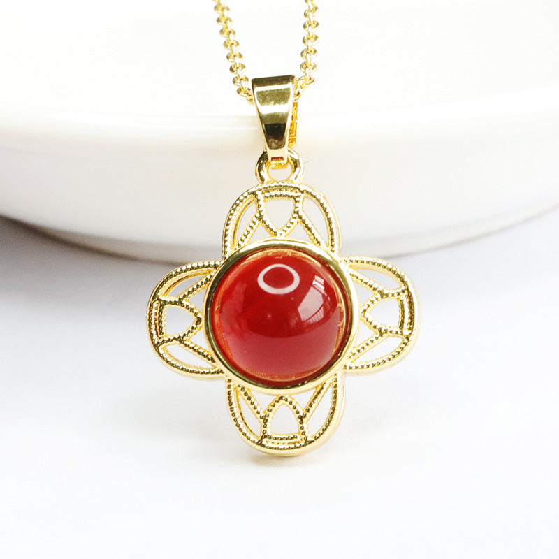 Red Agate Clover Cabochon Pendant — No Chain